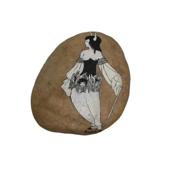 Hand Painted Rock Stone Victorian Horned Woman Devil Goth Angel Wings OOAK 5